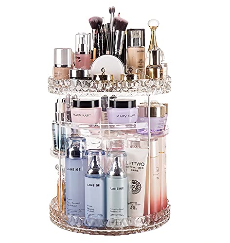 Twinkie Molly Makeup Organizer 360 Rotating Adjustable Cosmetic Storage Acrylic Clear Display Case with Large Capacity, Fits Jewelry,Makeup Brushes, Lipsticks and More(Diamond Queen Style)