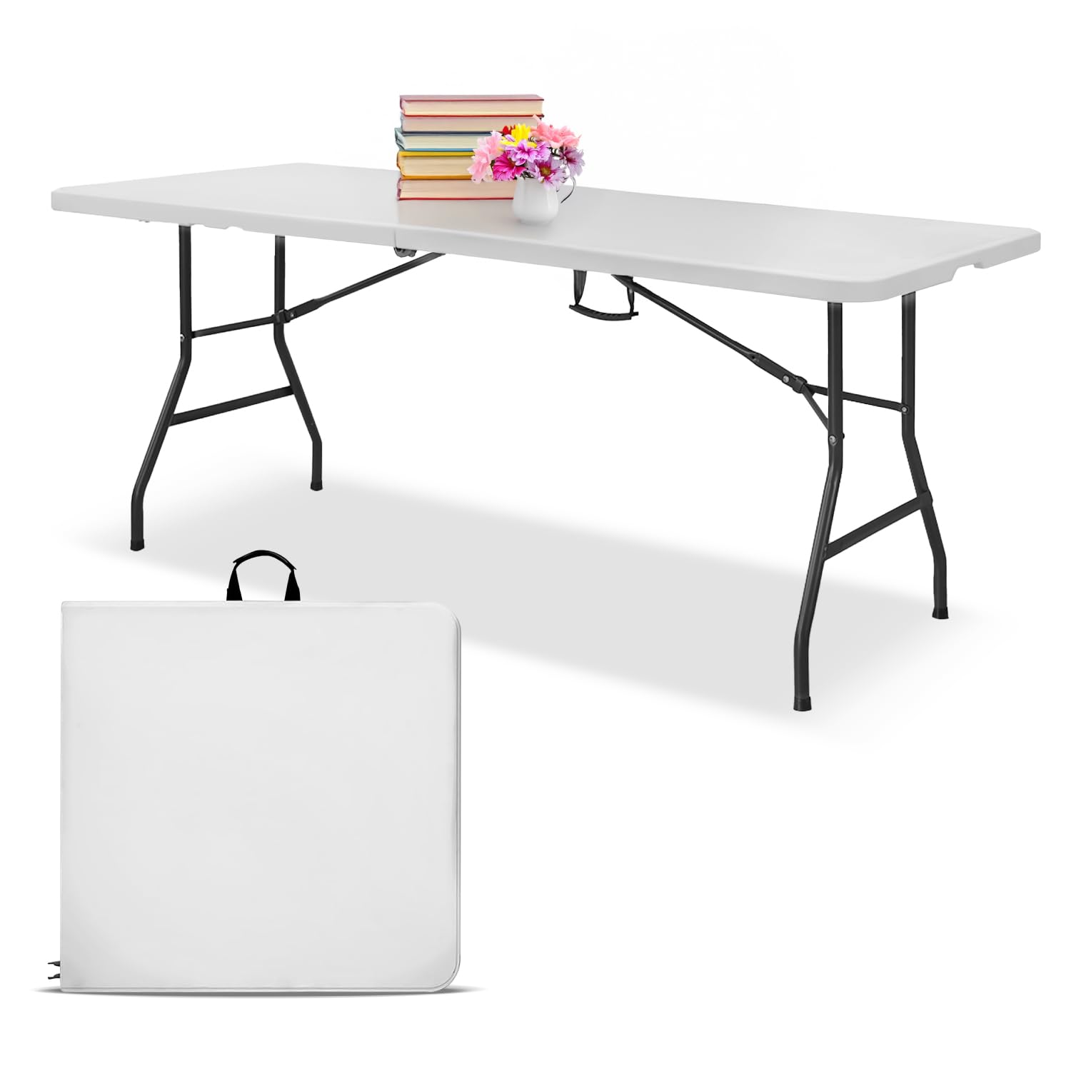 EconoHome White 6ft Folding Table with Handle | Heavy-Duty Foldable Table | Portable Table for Indoor & Outdoor Use | Perfect for Events, Camping,