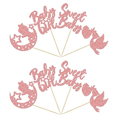 24Pcs Sweet Baby Girl Cupcake Toppers Rose Gold Glitter Moon Star Baby Shower Cupcake Picks Decorations For Gender Reveal Baby Shower Kids Girls Birthday Party Supplies #TOP4