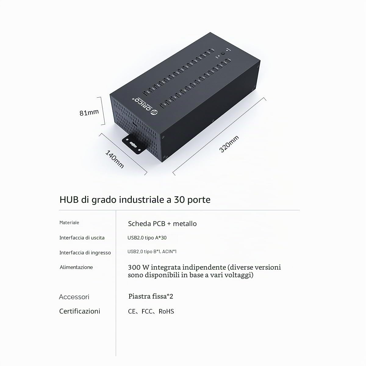 ORICO Industrial USB Hub 2.0, Hub USB a 30 Porte con Potenza di 300 W, Guscio in Metallo, Trasmissione Dati ad Alta Velocità