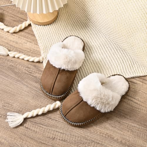 Winter Plush House Slippers for Women, Anti-Skid Cozy Warm with Faux Fur Collar Hard Sole Suede Shoes4