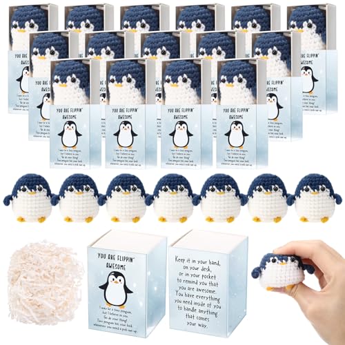 Wettarn 15 Sets Pocket Hug Token Bulk Little Penguin Handmade Crocheted Blue White Penguin with Box Positive Encourage Gifts for Women Friend Colleagues Teachers Nurses Family