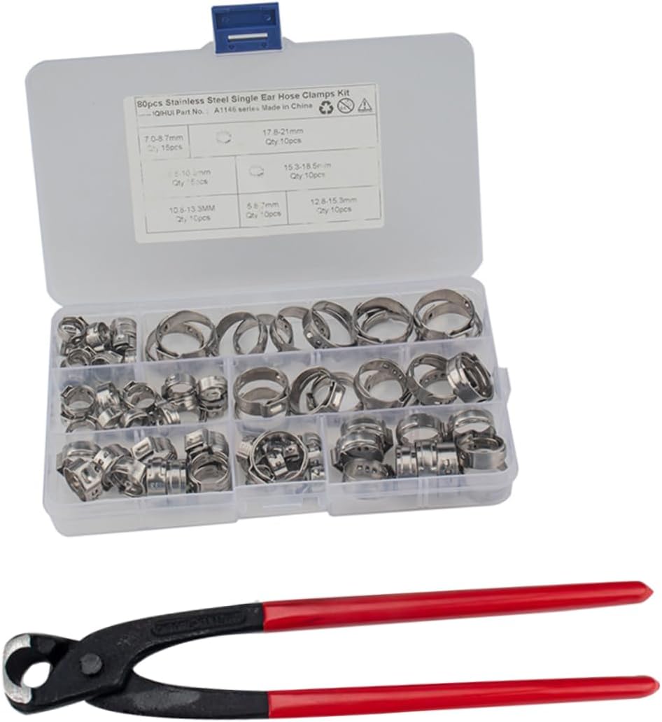 Luxshiny Clamp Combination Kit Stainless Steel Single Ear Hose Clamps Crimping Style for Fuel Water Hoses