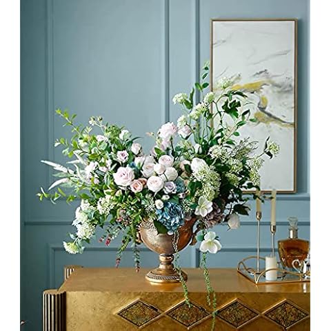 LUCKQS Large Artificial Flower Arrangement in Retro Golden Vase, Rose artificial Flower Combination Simulation Flower Bonsai Home Office Wedding Decoration Ornament Artificial Flower Cover