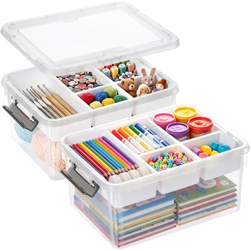 Image of 17 QT Clear Stackable Craft Storage with 1 Removable Fixed-Compartment Tray, Craft Organizers and Storage for Painting, Coloring Book & Playdoh Supplies, 2 Packs