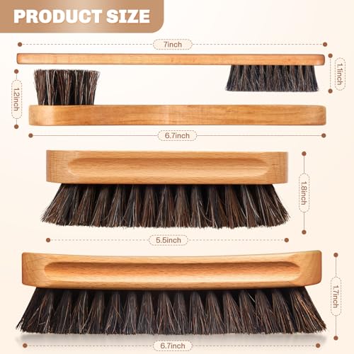 Image of 4 Pcs Horsehair Shine Shoes Brush Kit Polish Dauber Applicators Cleaning Leather Shoes Boots Care Brushes Suede Cleaner Brush with Microfiber Shoe Cloth(Wooden Style A)