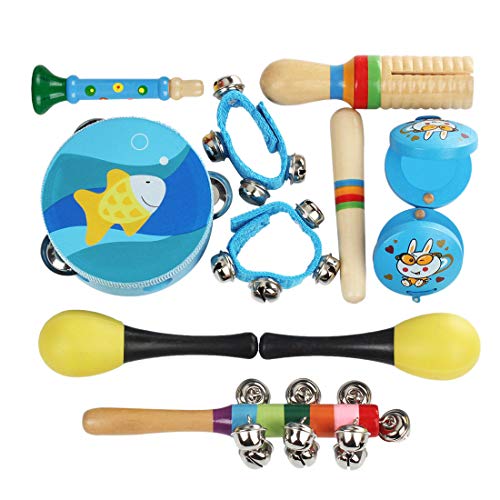 Mecotech Set Strumenti Musicali per Bambini - 10 Pezzi Strumenti a percussione Bambini in Legno - Kit di Strumenti Musicali Giocattoli per Bambini (Blu)