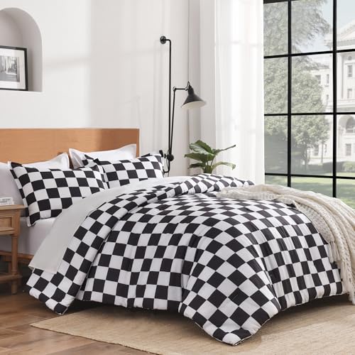 Image of Andency Checkered Comforter Full(79x90Inch), Black White Plaid Gingham Buffalo Grid Bed Set for Boys Kids Teens, 3 Pieces Lightweight Polyester Geometric Preppy Bedding