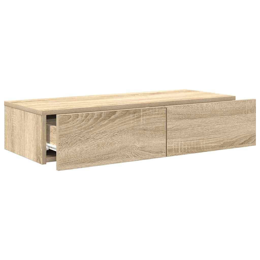 Estantería de pared con cajones, roble Sonoma, 80 x 33 x 17 cm, material de madera, estante flotante para salón, dormitorio, pasillo, moderno estante de pared, soporta hasta 60 kg