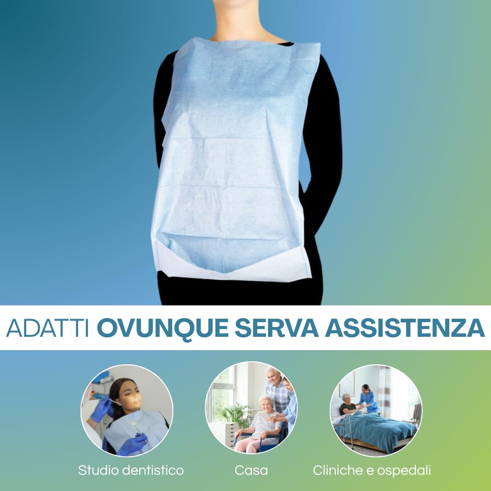 VIRSUS 100 Bavagli monouso impermeabili per Adulti e Anziani, misura 37x68 cm di colore azzurro, in polietilene e cellulosa con colletto anti-strappo rinforzato e tasca raccogli cibo