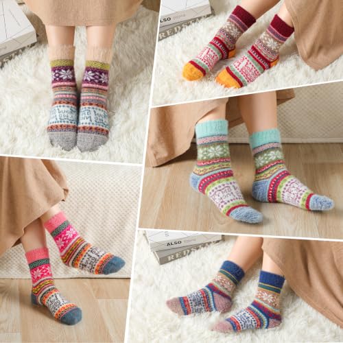 Trifabricy Fuzzy Socks for Women, 5 Pairs Retro Nordic Knit Warm Crew Socks - image 7