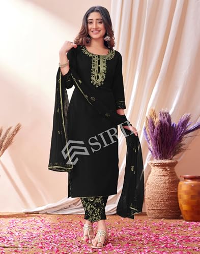 Image of SIRIL Women's Cotton Blend Embroidery Kurta Pant with Dupatta Set