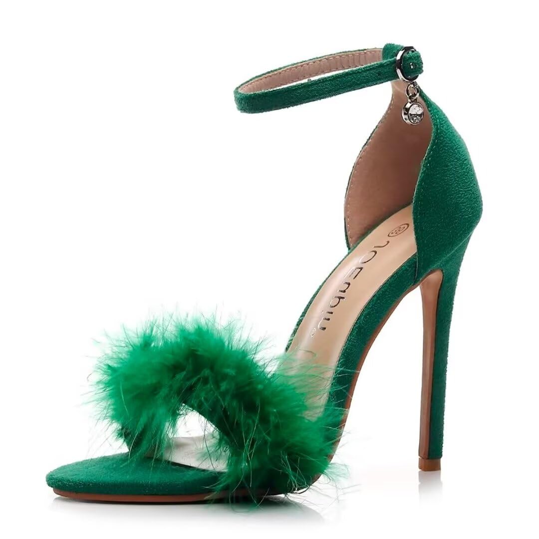JOEupin Women's Fluffy Marabou Feather High Heels Strappy Heeled Sandals with Fur