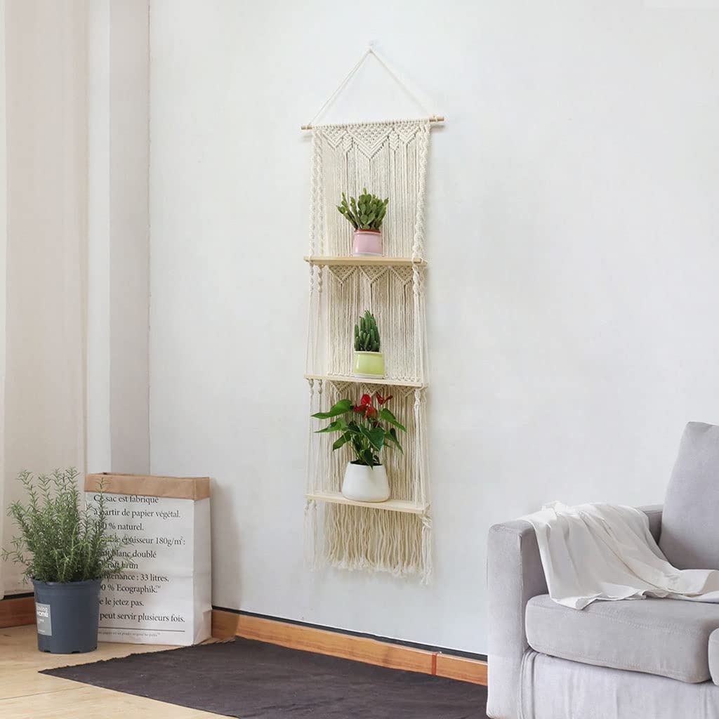 Tapices Macramé Tapiz Tejido a Mano de Estilo nórdico con Estante de Tres Capas, decoración de Pared Creativa