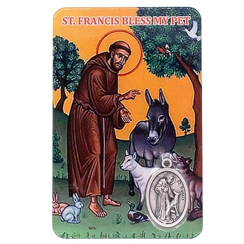 Image of Catholic Holy Card with Built-In Medal Pendant | Laminated Full-Color | Prayer Printed on Back | Great Christian Gift for First Communion and Confirmation (St. Francis (Orange))
