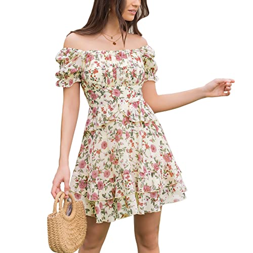 Exlura Womens Summer Dress Floral Ruffle Tiered Square Neck Sundress Short Sleeve Off Shoulder Smocked Mini Dresses Apricot #TOP22