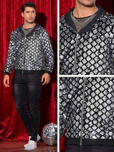 Image of Lars Amadeus Argyle Silver Sequins Jackets for Men's Long Sleeves Metallic Shiny Hooded Disco Jacket XX-Large