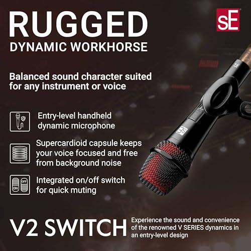 SE ELECTRONICS V2 Switch Dynamic Microphone for Singing, Speech, Instruments & Studio Recording - Supercardioid XLR Handheld Vocal Microphone with an On/Off Switch & Rugged All-Metal Housing by SE ELECTRONICS - Used condition - US$43.19