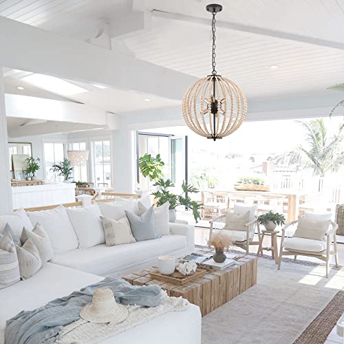 6-Light Boho Wood Beaded Pendant Light Candle Style Globe Chandelier White Finishing for Bedroom, Kitchen Island - Image 3