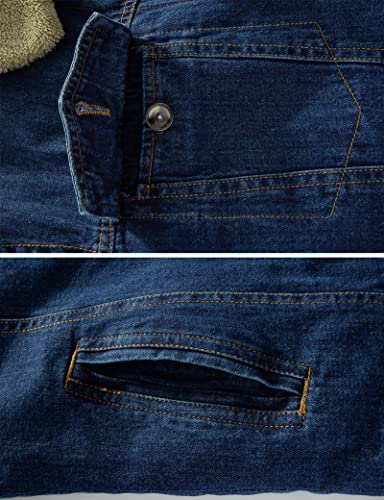 Image of HOW'ON Men's Plus Cotton Warm Fur Collar Sherpa Lined Denim Jacket Button Down Classy Casual Quilted Jeans Coats Outwear