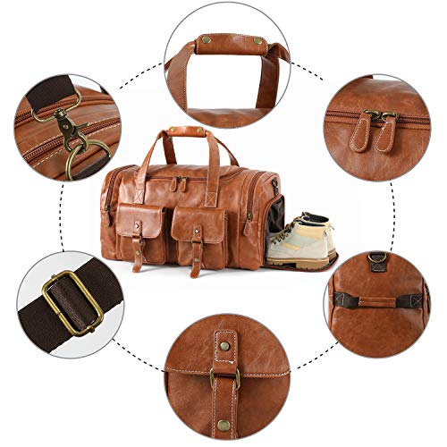 Zeroway PU Leather Travel Duffel Bag with Shoe Pouch Large Carry on Bag Waterproof Weekender Overnight Bag for Men Women Brown