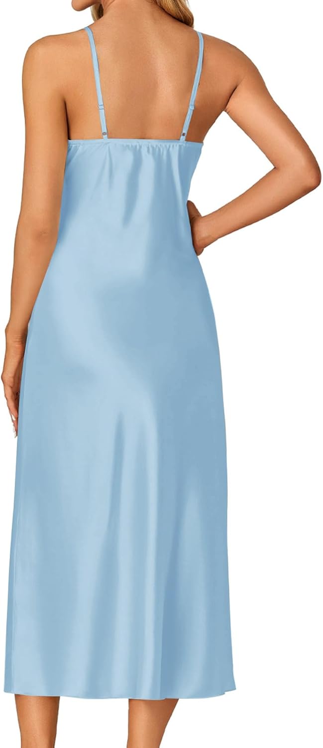 OPOIPIN Women's Satin V Neck Lace Trim Spaghetti Straps Sleeveless Chemise Lingerie Nightdress Nightgown - Image 5