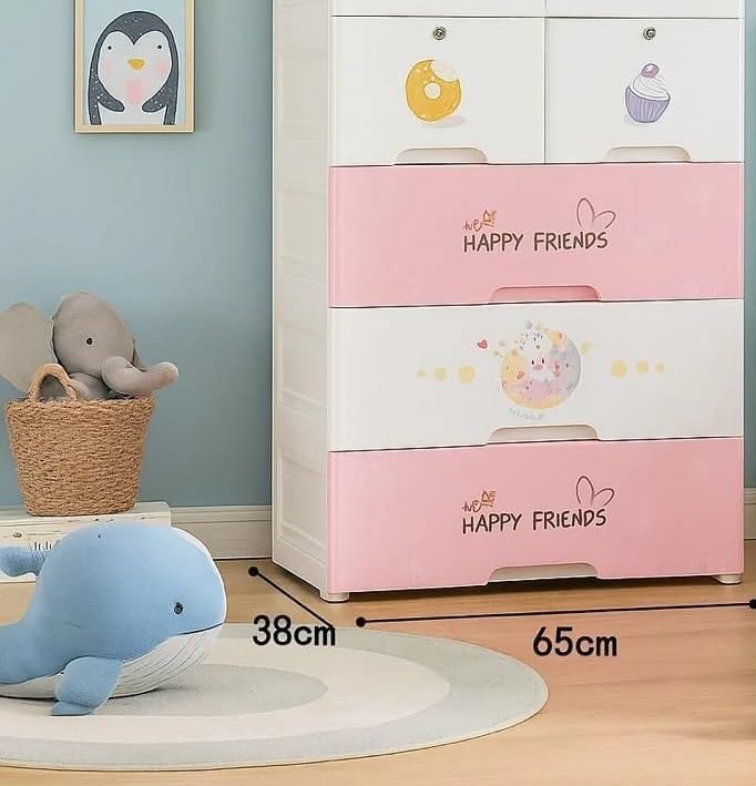 Image of Kids Plastic Collapsible Wardrobe Organizer for Storage with Drawers | Cute Cartoon Design | Heavy Duty Runner Rug Floor Mat Carpets Organizer Bedroom, Living Room (Sweet-Heart, 1+5-Door)