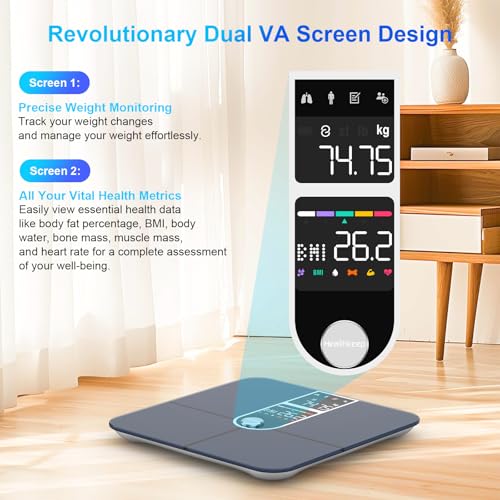 Healthkeep Digitale Personenweegschaal met bluetooth, met 2 VA-schermen en ITO-coatingtechnologie, 16 lichaamsgegevens met hartslag, app voor Andriod en iOS 180 kg/400 lb, zilverkleurig - Afbeelding 2