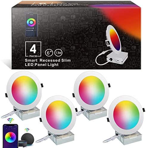 Smart Recessed Lighting 6 Inch,Led Recessed Light Fixtures with WiFi RGB Color Changing Slim Recessed Downlight with Junction Box 13W 1100LM Compatible Alexa/Google Assistant ( 4 Pack )