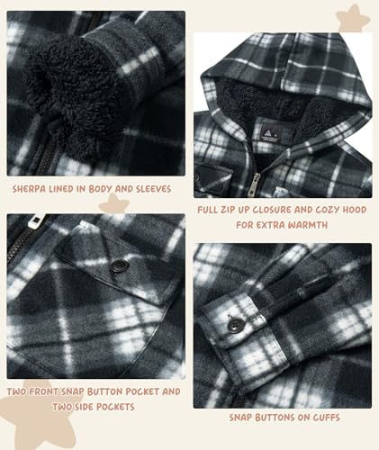 Image of V VALANCH Boys Flannel Jacket Hooded Fleece Lined Zip-up Hoodies Plaid Coat for Kids