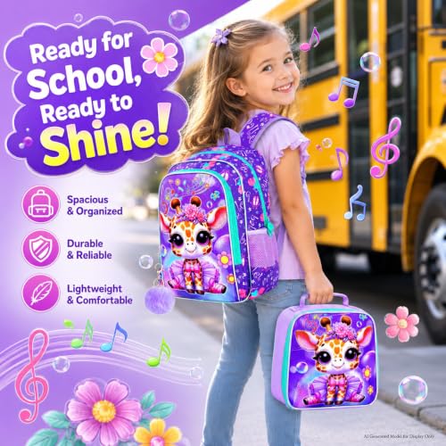 Image of CCJPX 3PCS Kids Backpack for Girls,16 inch Ballet Giraffe Preschool Backpacks with Lunch Bag, Cute Water Resistant Kindergarten School Bookbag for Elementary Kids Teen Travel