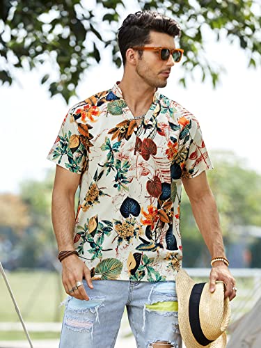 Floerns Men's Printed Hawaiian Short Sleeve Button Down Boho Beach Shirt Beige L #TOP4