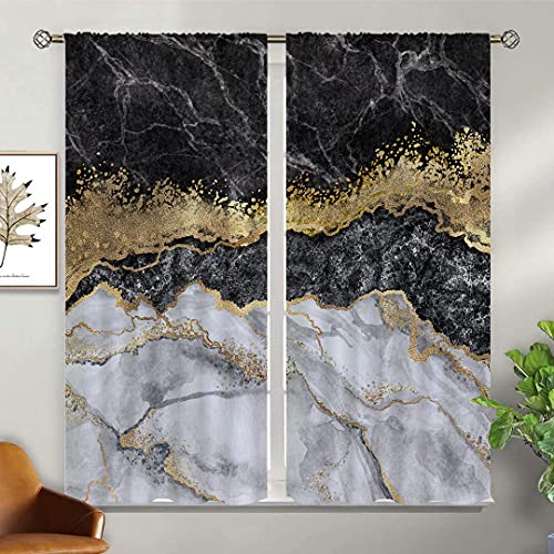Uuz Black And White Marble Blackout Curtains For Boy Home Decor, Gold Abstract Art Rod Pocket Thermal Drapes Darkening Window Curtain Bedroom Living Room, 42 X 63 Inch #TOP2