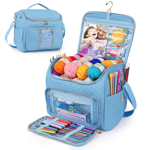 Aeelike Knitting Bag, Large Knitting and Crochet Bags for Wool and Needles Storage, Yarn Bag with Holes and Hanging Hook, Portable Crochet and Knitting Project Bag Organizer for Travel, Blue