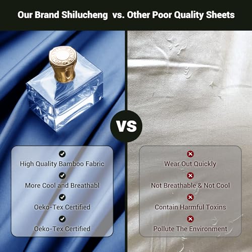 Image of Shilucheng 4 Piece Full Sheet Sets, Cooling Sheets, Blend Rayon Derived from Bamboo, Deep Pocket Up to 16 inch, Breathable & Soft Bed Sheets, Hotel Silky Bedding Set, Navy Blue