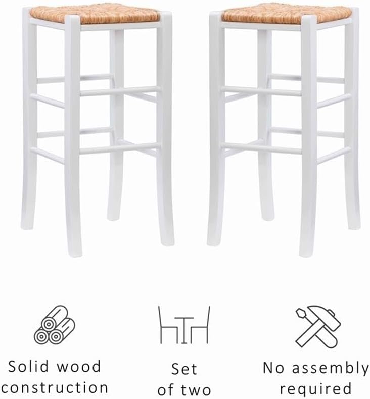 Riverbay Furniture Traditional Backless Bar Stools, Set of 2, 29 in Seat Height, Solid Beech Wood with Handwoven Rush Seat, White Painted Finish, Footrest Support, Farmhouse Style Bar Seating