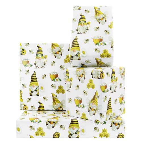 Bee Gift Wrapping Paper Honeybee Gnome Baby Shower Birthday Gift Wrap Paper 4 Sheet Cute Honey Honeycomb Sunflower Gnome Art Paper Folded Flat for Spring Summer Holiday Christmas Kids Girls Boys