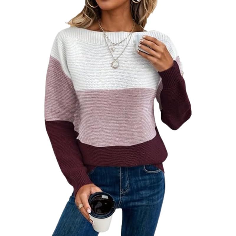 Women's Contrast Color Knitted Pullover Sweater with Round Neck for Autumn and Winter