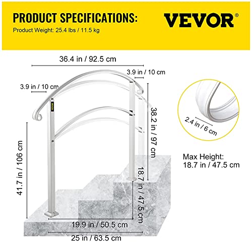 VEVOR Wrought Iron Outdoor Step Handrail, White, Transitional Style, Powder Coated Finish, Fits 1 or 3 Steps, Sturdy & Secure Grab Bar for Family Safety by VEVOR - Image 7