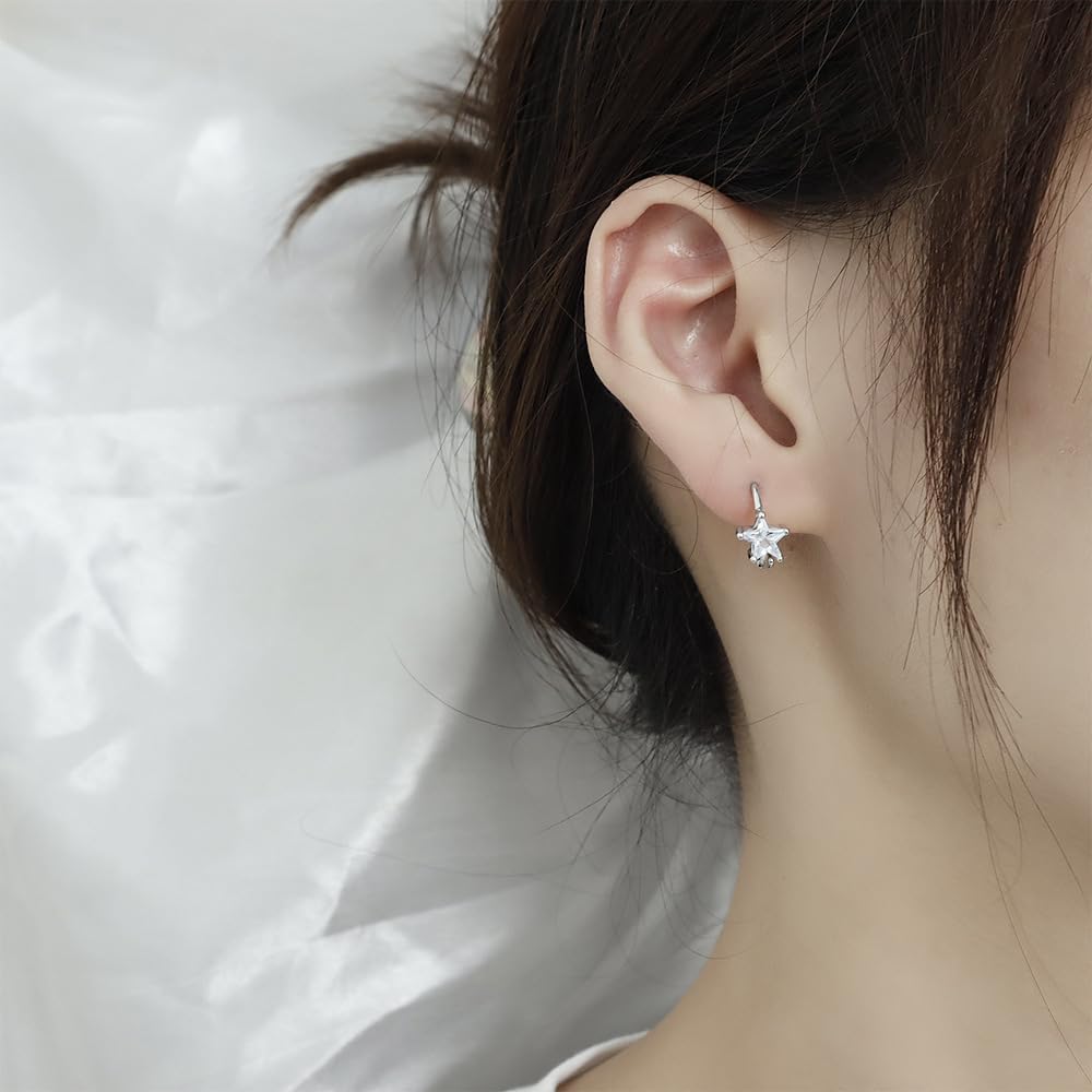 Bonitos aretes de aro de estrella de cristal para mujeres, adolescentes y niñas, plata de ley 925, cartílago, circonita cúbica, pequeños aros, puños, delicados para dormir, hipoalergénicos, regalos de