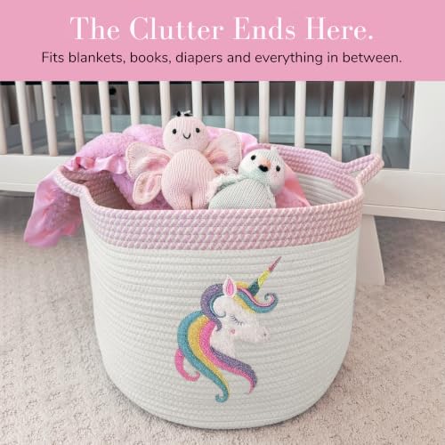 Image of Unicorn Baby Storage Basket, Woven Cotton Rope Nursery Bin, 15x11 in | Stuffed Animal and Blanket Storage, Soft Felt Unicorn Patch, Baby Girl Room Decor, Shower Gift, Kids Playroom Organizer