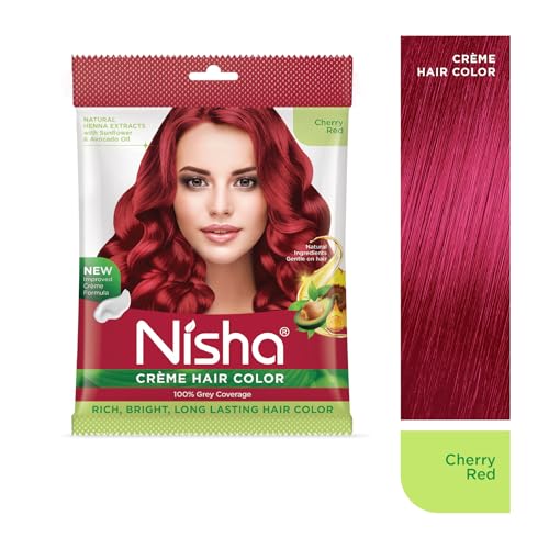 Image of Nisha Cream Permanent Hair Colour for Women & Men, Cherry Red - 100% Grey Coverage, Long Lasting Hair Dye, Deep Shine & Conditioning with Natural Herbs, 40g (Pack of 4)