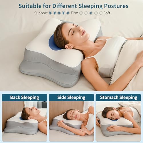Image of Cervical Neck Pillow for Pain Relief, Contour Memory Foam Pillows for Sleeping, Ergonomic Pillow Orthopedic Cooling Pillow Bed Pillow Neck Support for Side Back Stomach Sleepers (Blue&White)