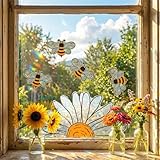 WJIAAA Fensterbilder Frühling, 5 Stück Sonnenblumen & Bienen Aufkleber, Doppelseitige Glasdekoration, 30x40cm Farbige PVC-Folie für Fenster & Spiegel