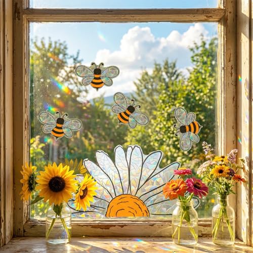 WJIAAA Fensterbilder Frühling, 5 Stück Sonnenblumen & Bienen Aufkleber, Doppelseitige Glasdekoration, 30x40cm Farbige PVC-Folie für Fenster & Spiegel