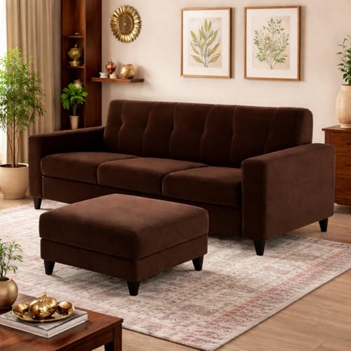 Image of Homeboy 4 Seater L Shape Sofa Set with Movable Ottoman | Flexible Left or Right Layout | Luxe Velvet Suede Fabric | Comfortable Seating | Modern Sofa for Living Room -Dark Brown