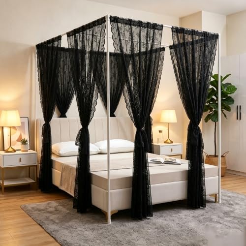 Cortinas de cama con dosel de encaje negro con acabado sofisticado para camas King size 5