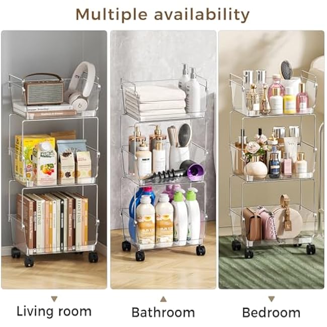 Delamu 3 Tier Rolling Cart for Kitchen, Bathroom, Office ¨C Acrylic Utility Storage Carts with 2 Lockable Wheels ¨C Ideal for Small Spaces, Pantry, Classroom, Makeup Organizer, Dorm Storage, Clear-POGPfFX5