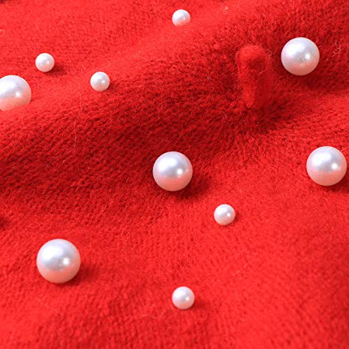 Bestoyard Beret Pearl Autumn Winter Cashmere Beret Starry Beaded Pearl Rivet Wool Beret (Red), 27X27X1Cm #TOP3