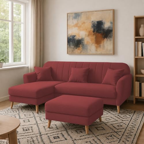 Image of Atticus LHS 4 Seater L Shape Sofa Set with Ottoman for Living Room (Maroon Fabric) Premium Fabric Sofa Set